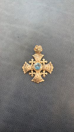 Large sterling silver cross ornately silver work with large blue stone Crusaders Jerusalem cross filigree pendant  2.75”x2.5”