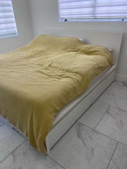 King white high bed frame with storage boxes with mattress