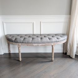 Vintage Style Semi-Circle Upholstered Bench with Tufted Linen-Touch Fabric, Gray
