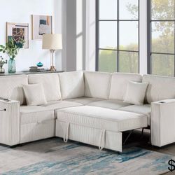 Corduroy Sectional Sleeper Sofa Pull Out Bed With Storage
