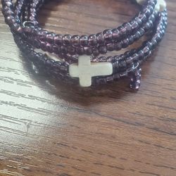 Wrap Purple Beaded Bracelet With Cross Charms 