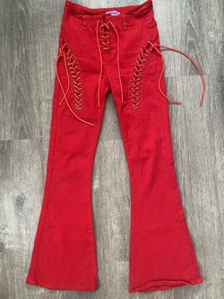 red lace up pants