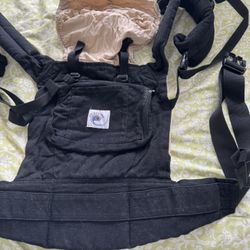 Ergo 3 Position Baby Carrier Black Tan Soft Sided Buckle Padded Pocket Infant