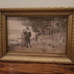 Antique Puritans Walking to Church Art in Wood Frame