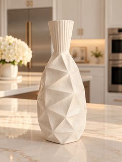 White Geometric Ceramic Vase – 16” Modern Sculptural Decor