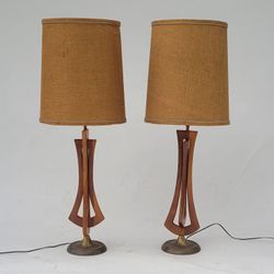Mid Century Modern Vintage 1960s Pair of Wooden Table Lamps