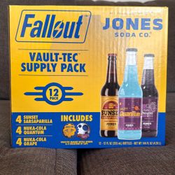 (LIMITED EDITION) Jones Soda Co. VAULT-TEC SUPPLY PACK. 12 Pack Collectible Fallout Soda Bottles + Collection Of Caps And Magnet Bottle Opener