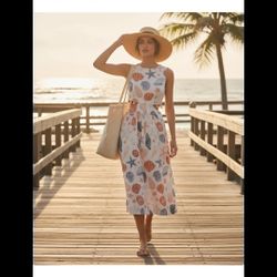 White Sleeveless Midi Dress with Sea Life Print