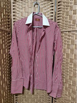 Steven Land Gingham Red White 100% Cotton Men's Dress Shirt Spread Collar(15.5)