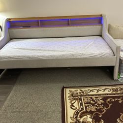 Twin Daybed  & Wireless Charger, Upholstered Sofa Day Bed Frame w/LED/USB/Type C/Storage Headboard, Twin to King Trundle Bed for Bedroom, Living Room,