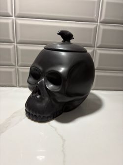 New Place & Time black Halloween Goth Gothic skull head w crow cookie jar canister decoration