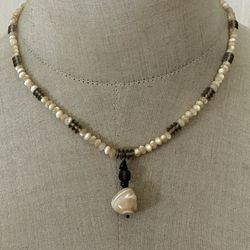 Artisan Mother of Pearl & Smoky Quartz Necklace with Sterling Silver Clasp 