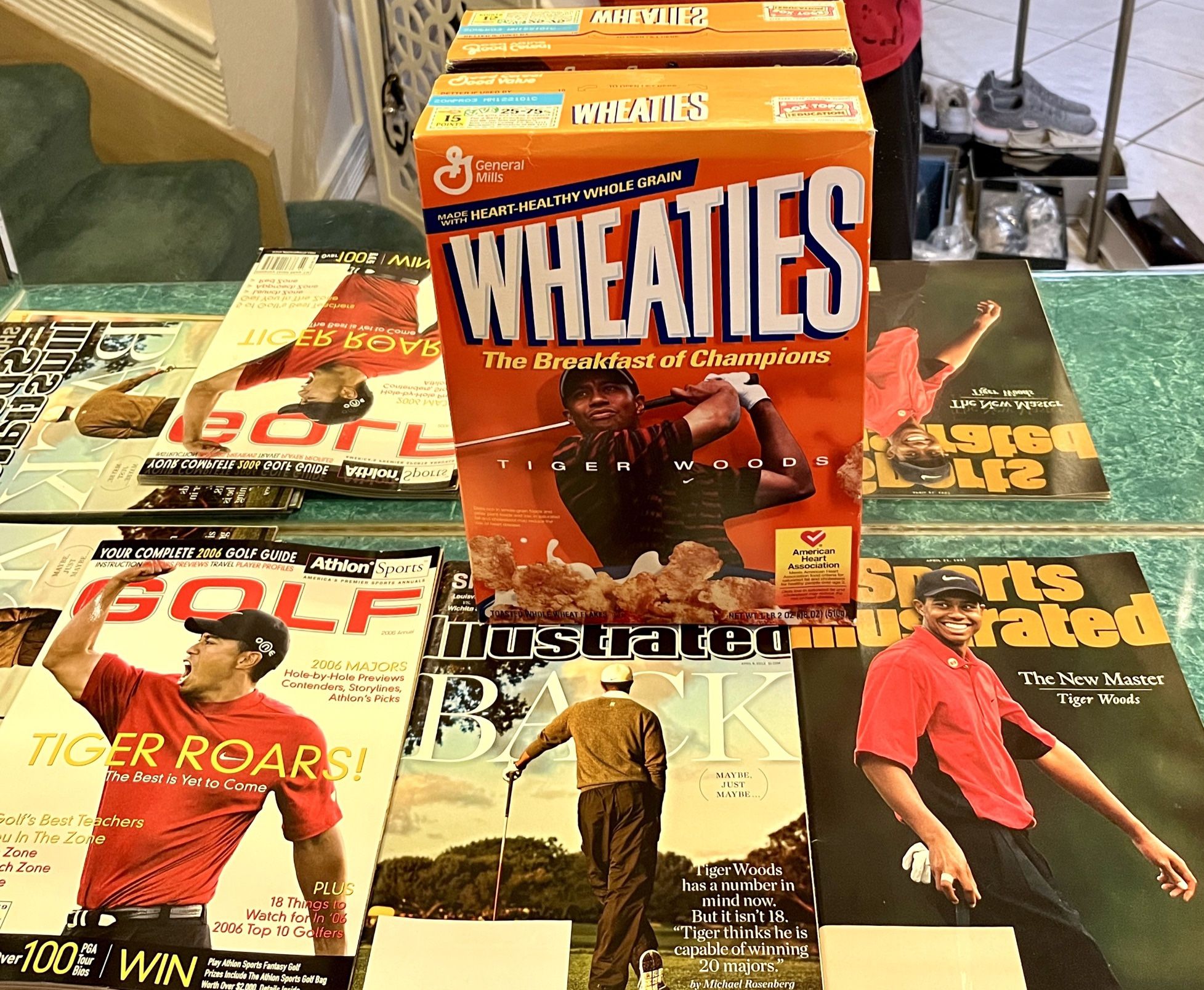 Sealed Tiger Woods Box Of Cereal Plus Vintage Magazines Featuring Tiger Woods