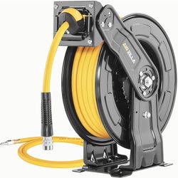 Premium Steel Retractable Air Hose Reel With Dual Arm, 3/8"x50Ft Hybrid Polymer Hose, Heavy Duty Air Hose Reel included Auto Rewind Reel | Quick Air C
