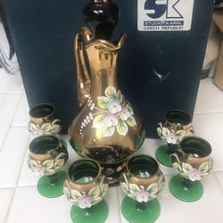 Vintage 24k Gold & Emerald Green Glass Hand Made Decanter with 6 Shot Glasses, Bohemian     