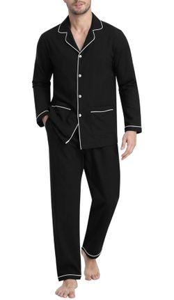 MoFiz Mens Pajama Set Soft Cotton Button Down Notched Collar Pjs Long Sleeve 2 Piece Sleepwear Lounge Nightwear with Pocket