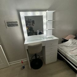 Makeup Vainty With Glass Top And Chair