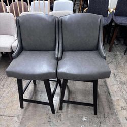 CHITA 26 inch Swivel Upholstered Faux Leather Counter Stool Set of 2, Bar Stool with Back, Retro Gray