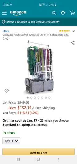 Costume Rack Duffel-Wheeled 28 Inch Collapsible Bag, Grey