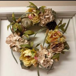 Autumn Floral Peony Wreath with Pumpkins and Wheat