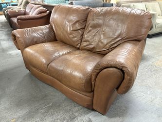 Saddle Leather Plush Arm Loveseat