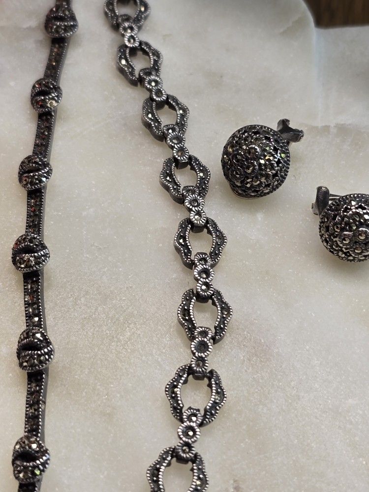 Set Of Marcasite Jewelry- 2 Bracelets/ 1 Pair Clip On Earrings