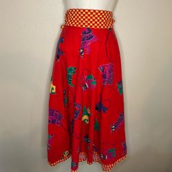 Vintage Red Novelty Cat Print Midi Skirt Jeanne Marc 80s XL