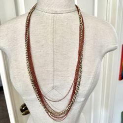 Gold Tone Orange Multi Strand Chain Statement Necklace 