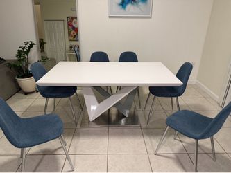 Modern White Dining Table with 6 Chairs