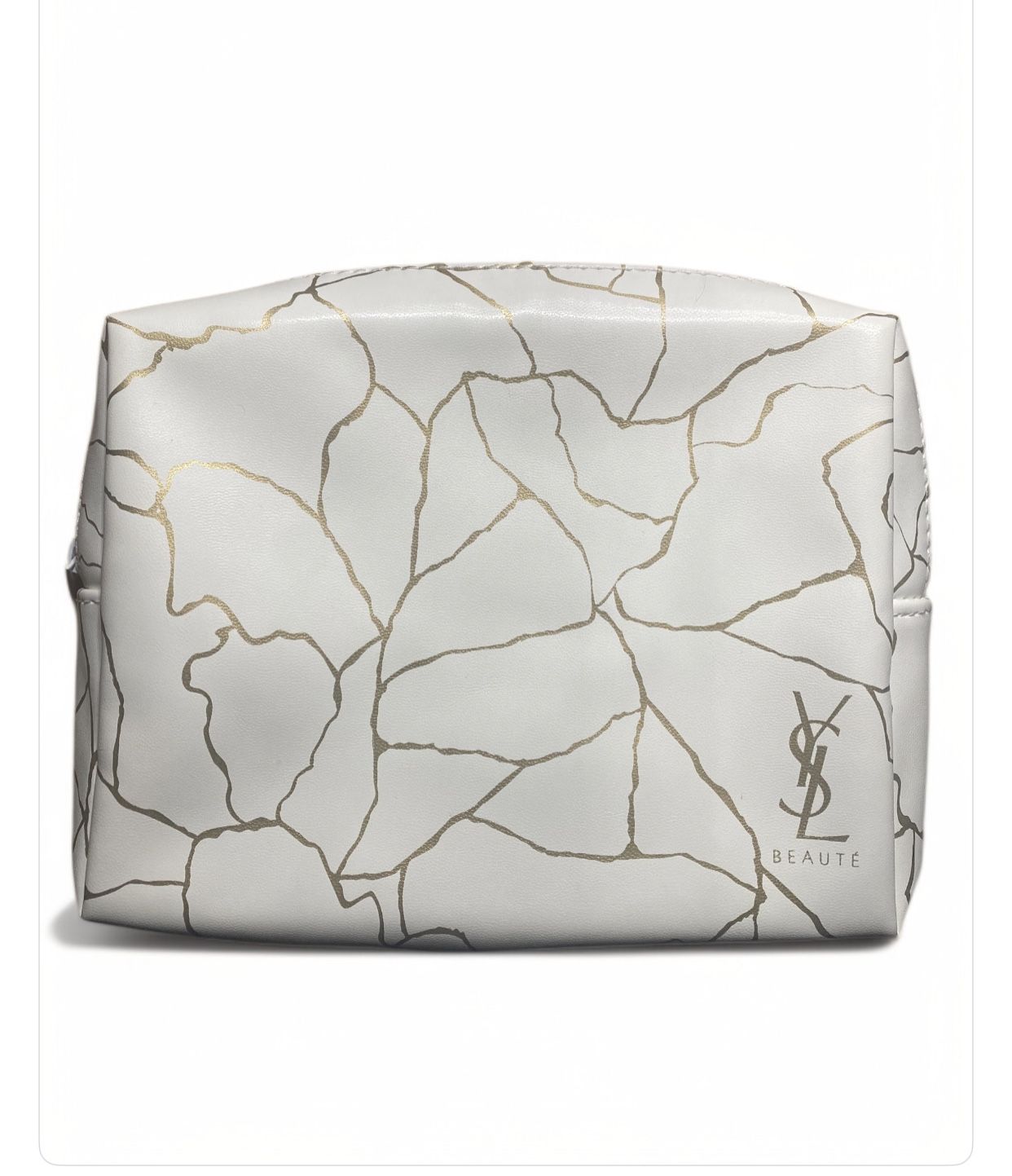 NWOT-YSL Beaute brand new cosmetics bag White w/metallic gold streaks MSRP $129