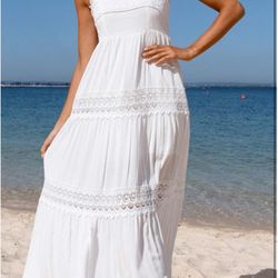 Medium  Sleeveless Casual Lace Long Dress Summer Backless Loose Beach Sundress