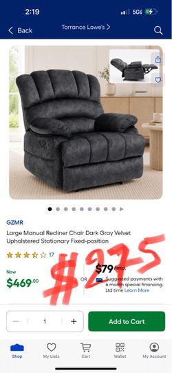 GZMR Large Manual Recliner Chair Dark Gray Velvet Upholstered Stationary Fixed-position