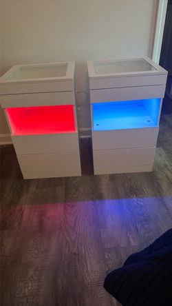 Pair of White Nightstands with Open Shelf and Drawers