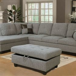 Brand New Gray Linen Fabric Sectional With Storage Ottoman 