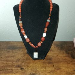 Earth - Tone  Beaded Necklace  With Agate Pendant