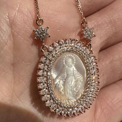 Women Rose Gold Pearl Virgin Mary Pendant Charm Chain Necklace 