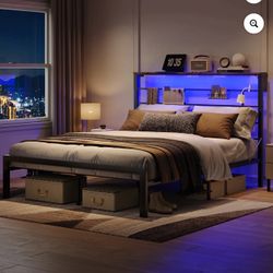 Title: $150 Firm – Queen Bed Frame with LED Headboard + New 8” Mattress