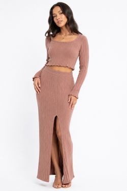 SHEIN Dusty rose Ribbed Knit Matching Set Crop Top & Midi Slit Skirt Size S