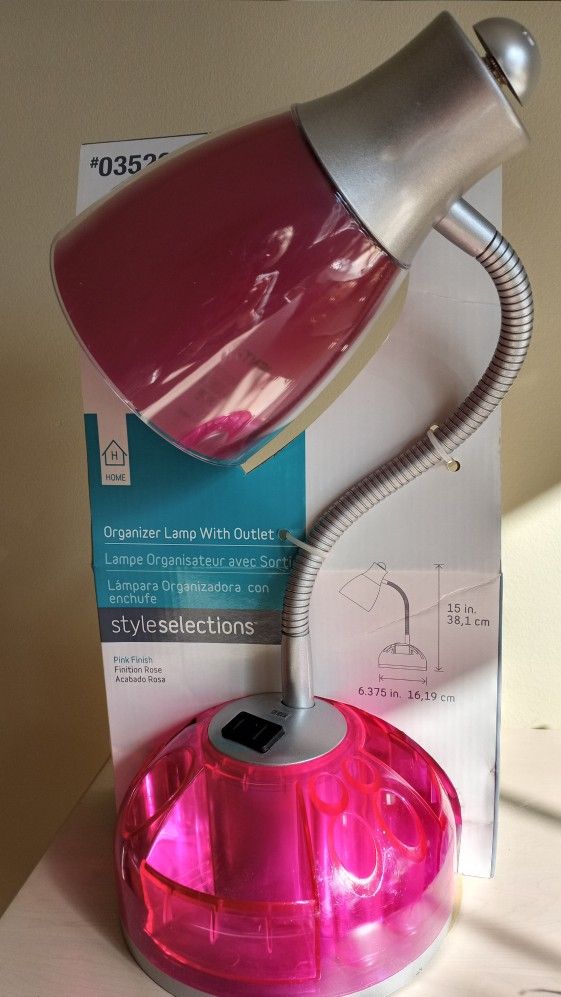 NEW* PINK * DESK LAMP* WITH STORAGE & OUTLET