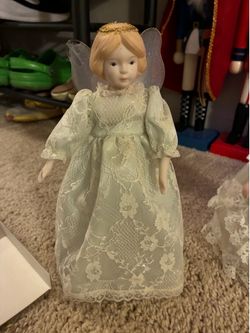 Vintage Avon 1986 Snow Angel Tree Topper Porcelain Head & Hands Blue Lace Dress 11”