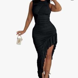 Women's Sexy Ruched Sleeveless Asymmetrical Ruffles Elegant Cocktail Evening Party Long Dress