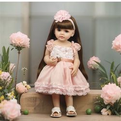 iCradle Lovely Reborn Baby Dolls Girl 22 inch 55 cm Realistic Newborn Baby Dolls Full Vinyl Silicone Body with Anatomically Correct with Brown Hair Re
