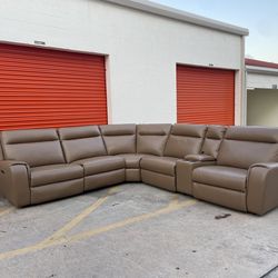 Biege Power Reclining Leather Sectional - USB charging - Like New