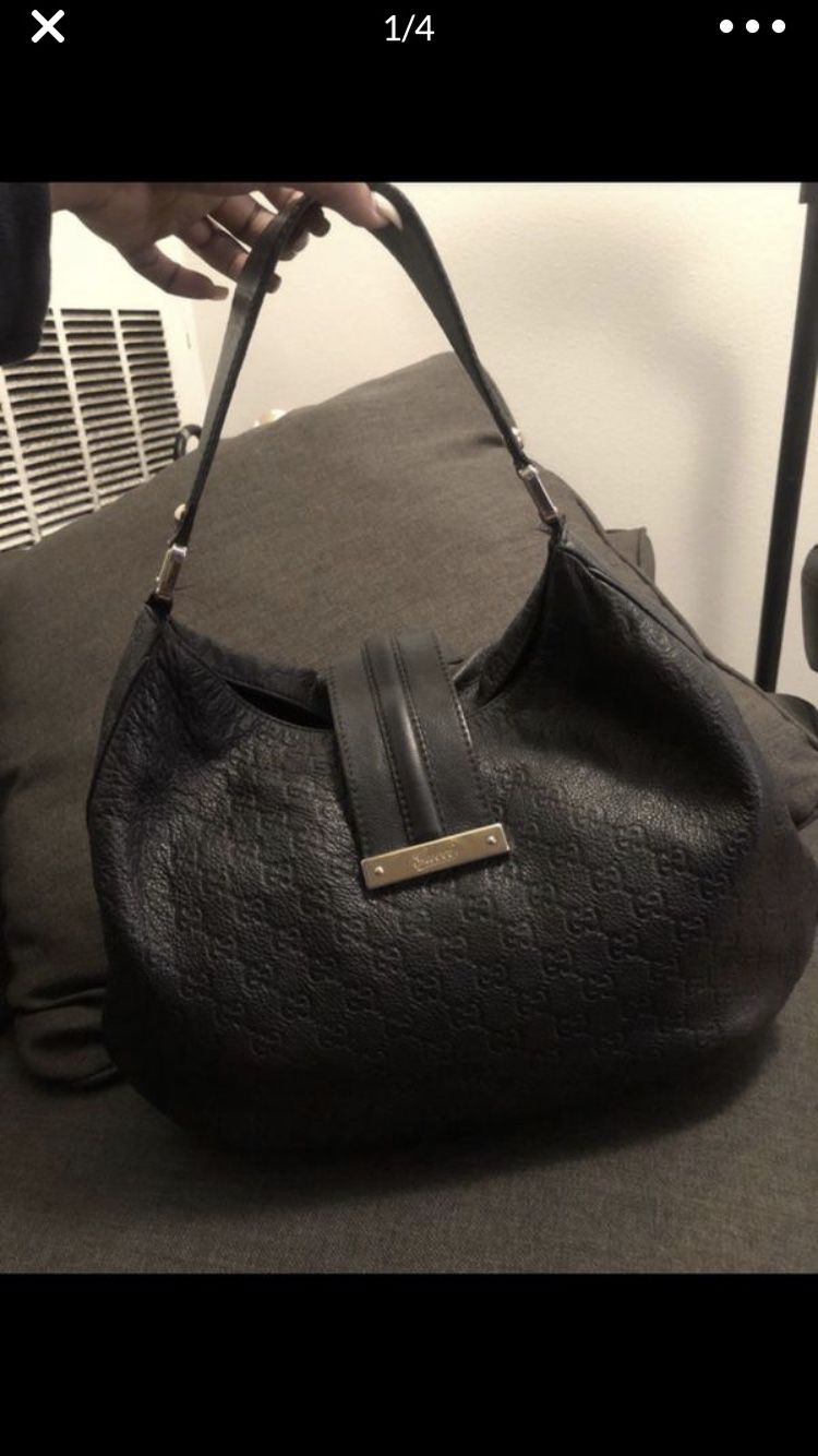 Gucci Large Black Leather GG Guccissima Handbag Monogram Shoulder Hobo Tote Bag