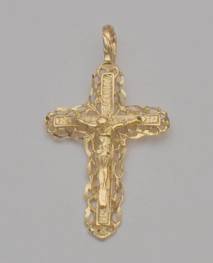 14K Yellow Gold Crucifix Cross Pendant Filigree Jesus Religious Charm