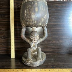 Old Hand Carved African Wood Figure Man Holding Grain Bin