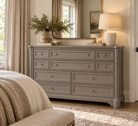 Large Taupe Wood Dresser with Gold Knobs