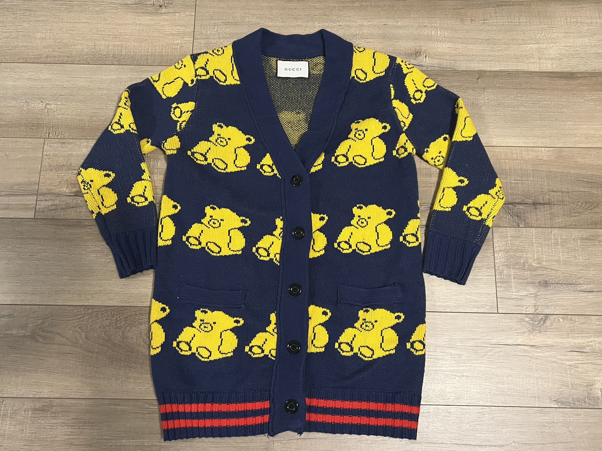 GUCCI Blue Yellow Teddy Bear Cardigan Sweater
