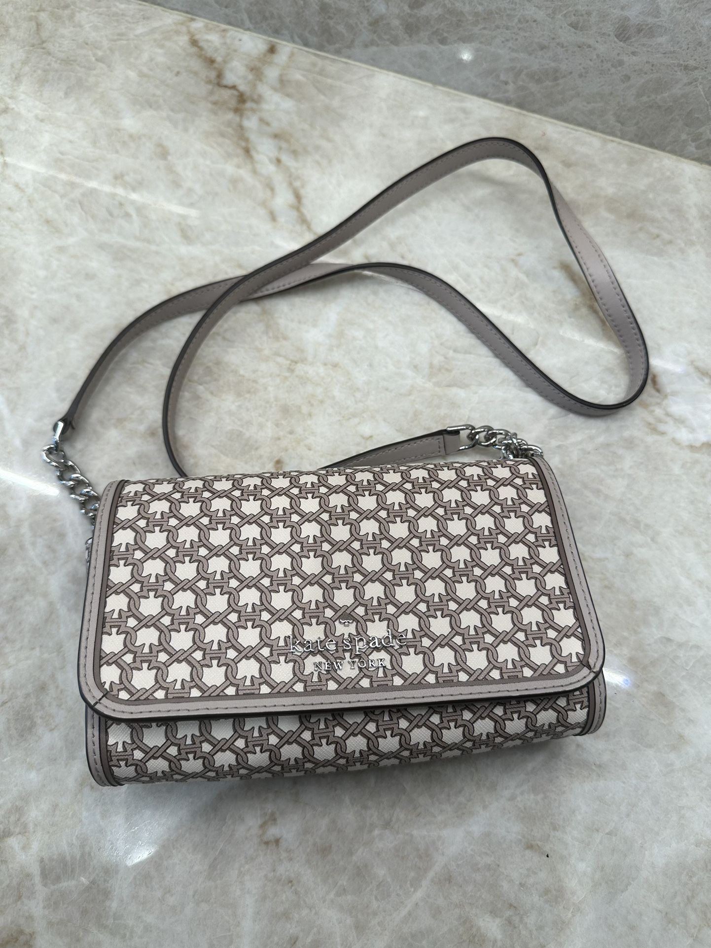 KATE SPADE Brownish Gray Taupe Leather Spade Link Small Flap Crossbody Bag Clutch Bag