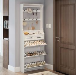 White Shoe Cabinet, Shoe Organizer Cabinet with Hanger, Slim Hidden Shoe Rack Cabinet, Freestanding Shoe Storage Cabinet